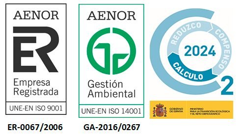 Sellos de AENOR Empresa Registrada ISO 9001 (ER-0067/2006) y Gestión Ambiental ISO 14001 (GA-2016/0267), y sello de huella de carbono 2024